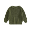 A solid olive green knit pullover sweater for kids with long sleeves.
