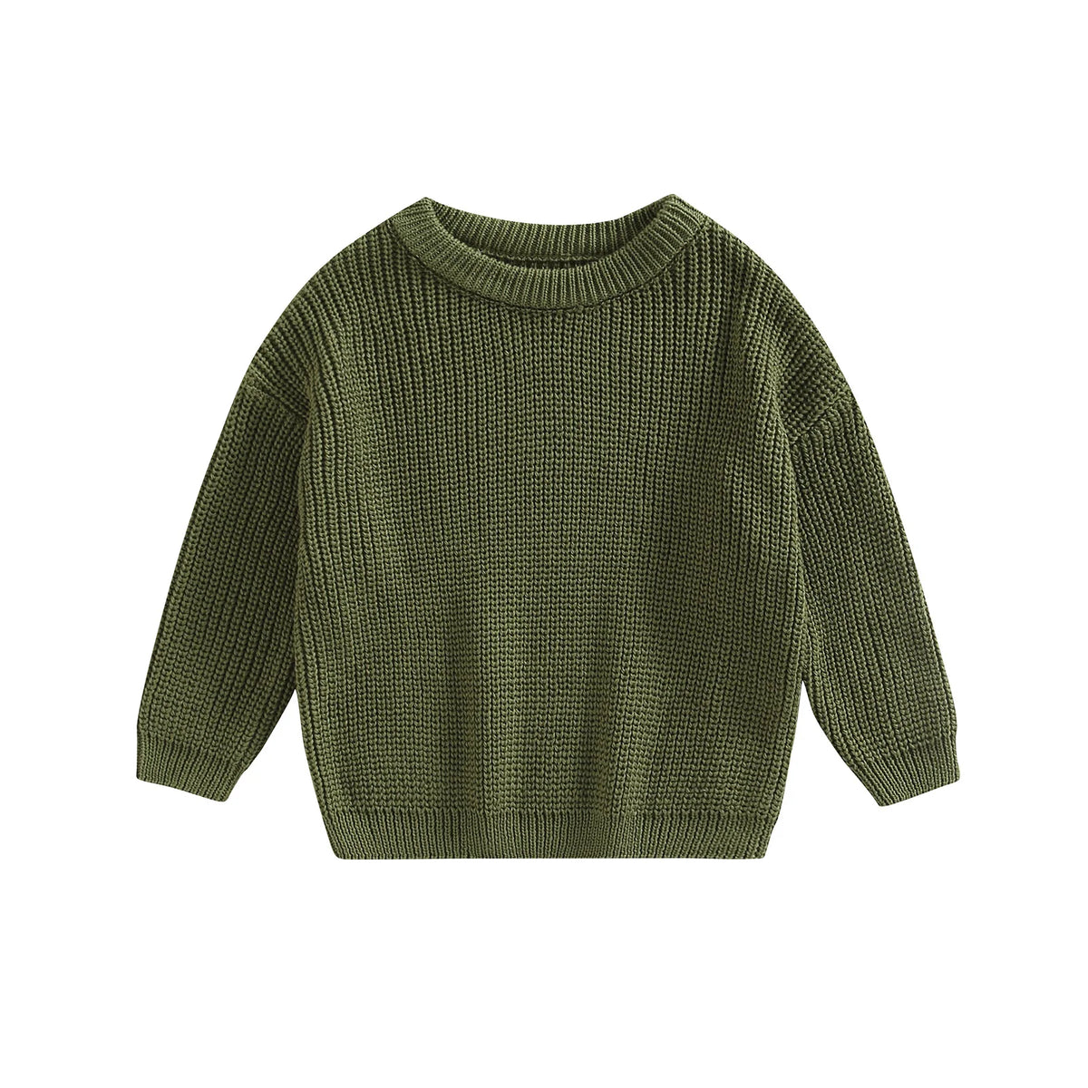A solid olive green knit pullover sweater for kids with long sleeves.