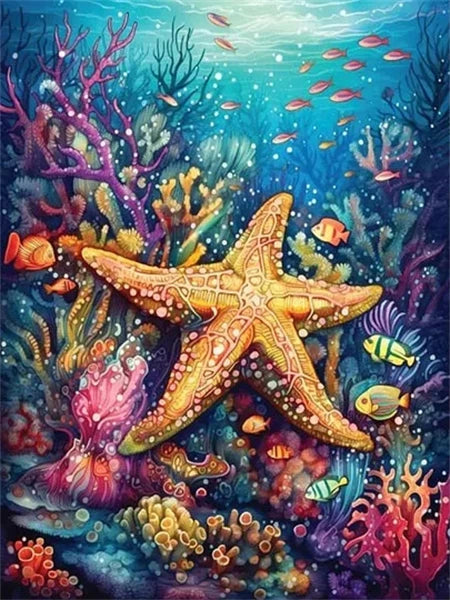A vibrant underwater scene featuring various colorful marine life like starfish and fish.