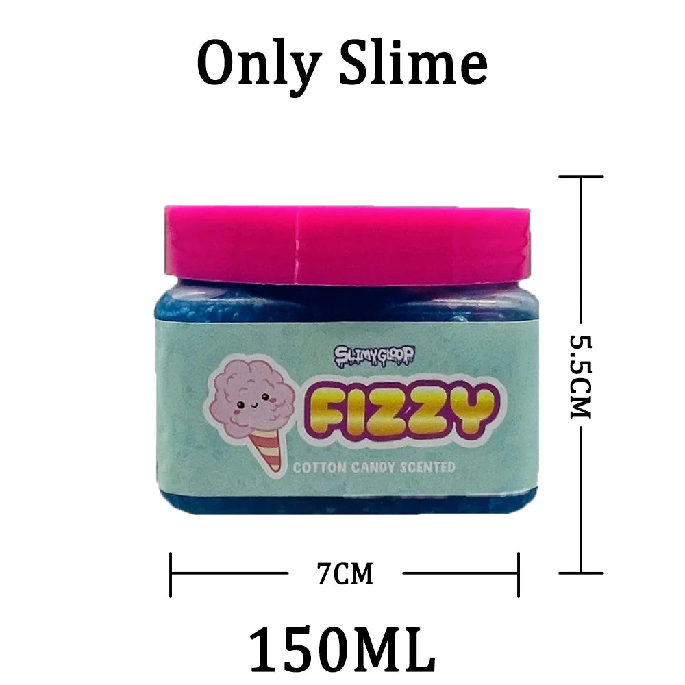 A jar of blue slime labeled Fizzy Cotton Candy Scent with a pink lid and size markings.