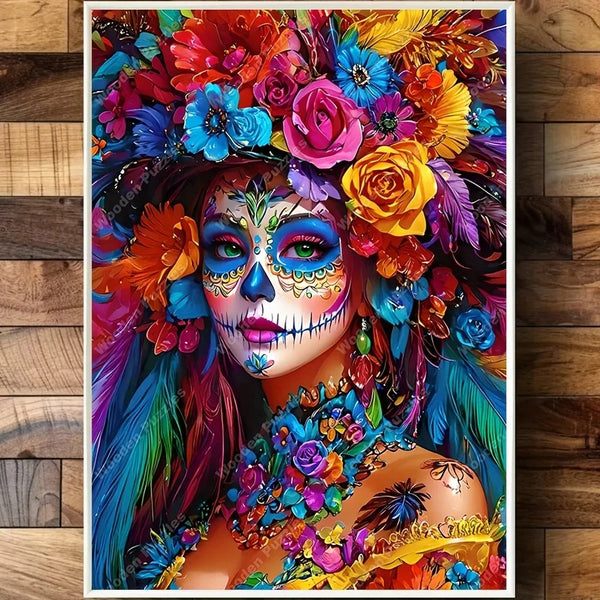 A vibrant sugar skull face painted with colorful floral elements and intricate patterns.