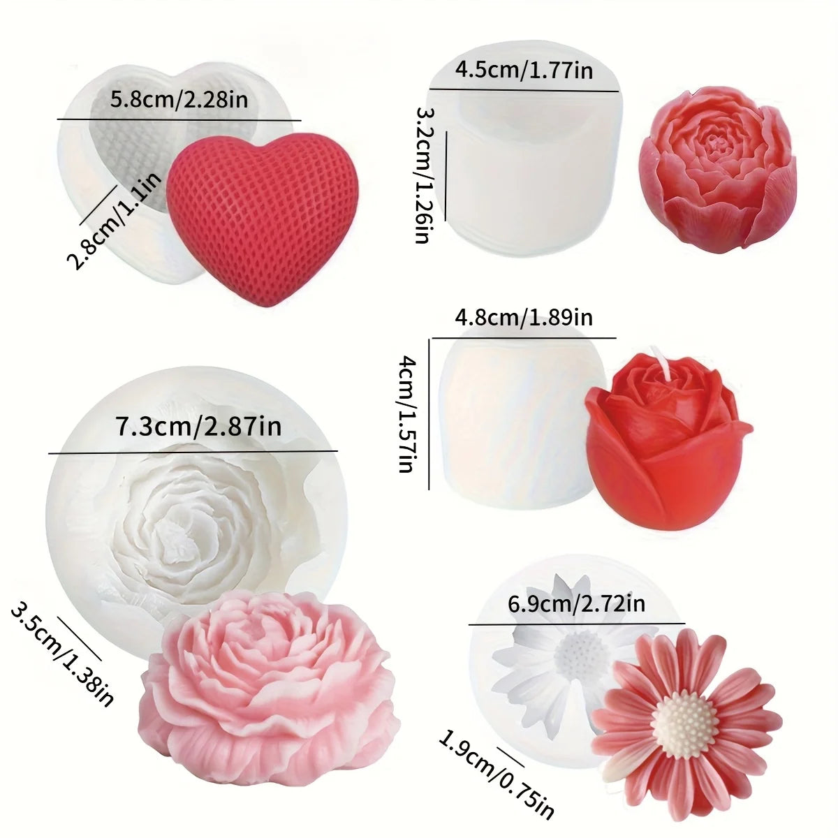 Floral Silicone Candle Mold Set with Rose, Daisy, Peony & Heart Designs