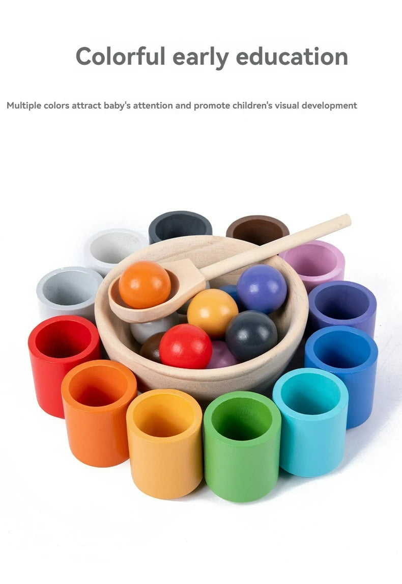 A set of wooden color sorting game featuring rainbow colored balls and cups for early education