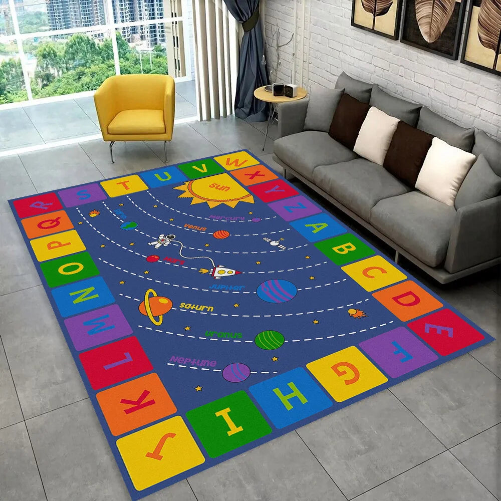 A colorful alphabet rug featuring letters and cartoon suns designed for kids' educational play.