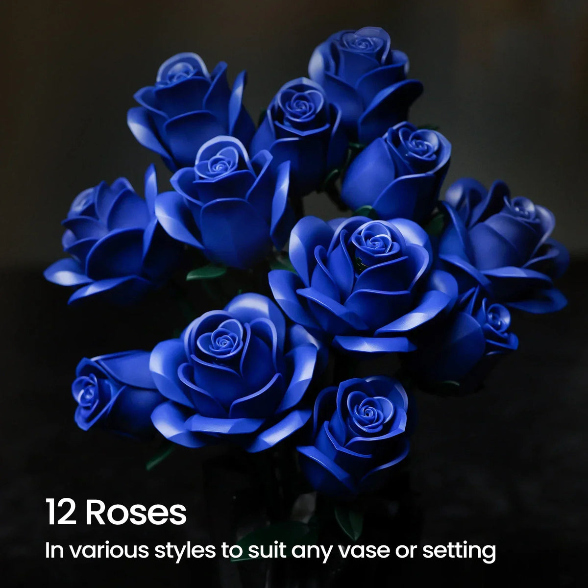 A bouquet of twelve realistic blue roses in various styles for a vase or setting.