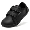 Black kids barefoot sneakers with double hook-and-loop straps shown from the side.