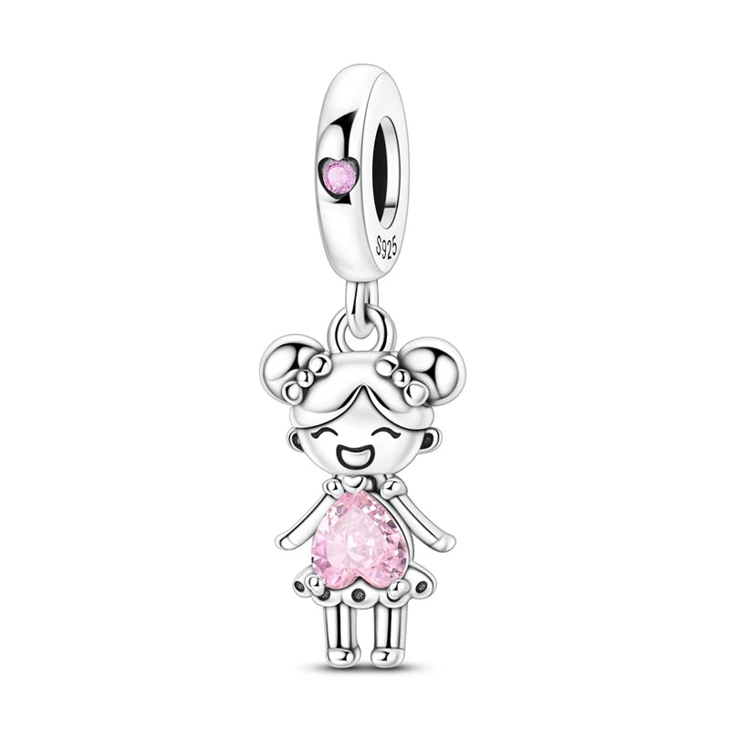 A sterling silver charm bead featuring a heart design and pink zircon stones.