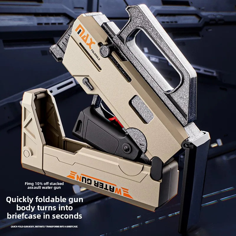 A tan folding assault water gun is shown open, transforming into a briefcase-like case.