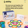A collection of wooden shapes and puzzle pieces in various colors are scattered on a light surface.
