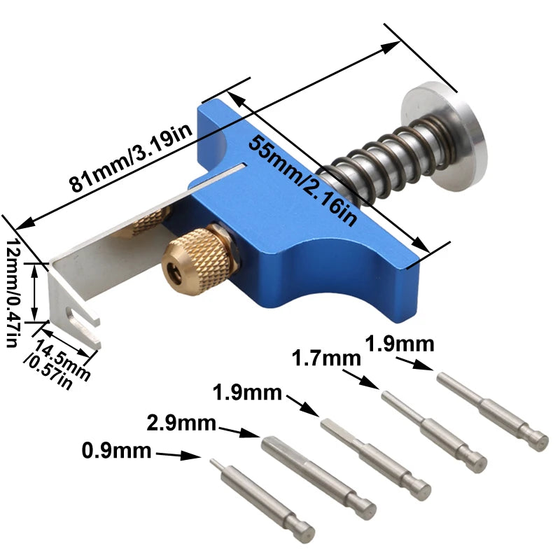 Kit de démantèlement d'hélice de précision bleu avec divers outils et mesures, vue en angle.