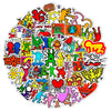 A colorful sticker pack featuring various cartoon characters, symbols, and text elements.
