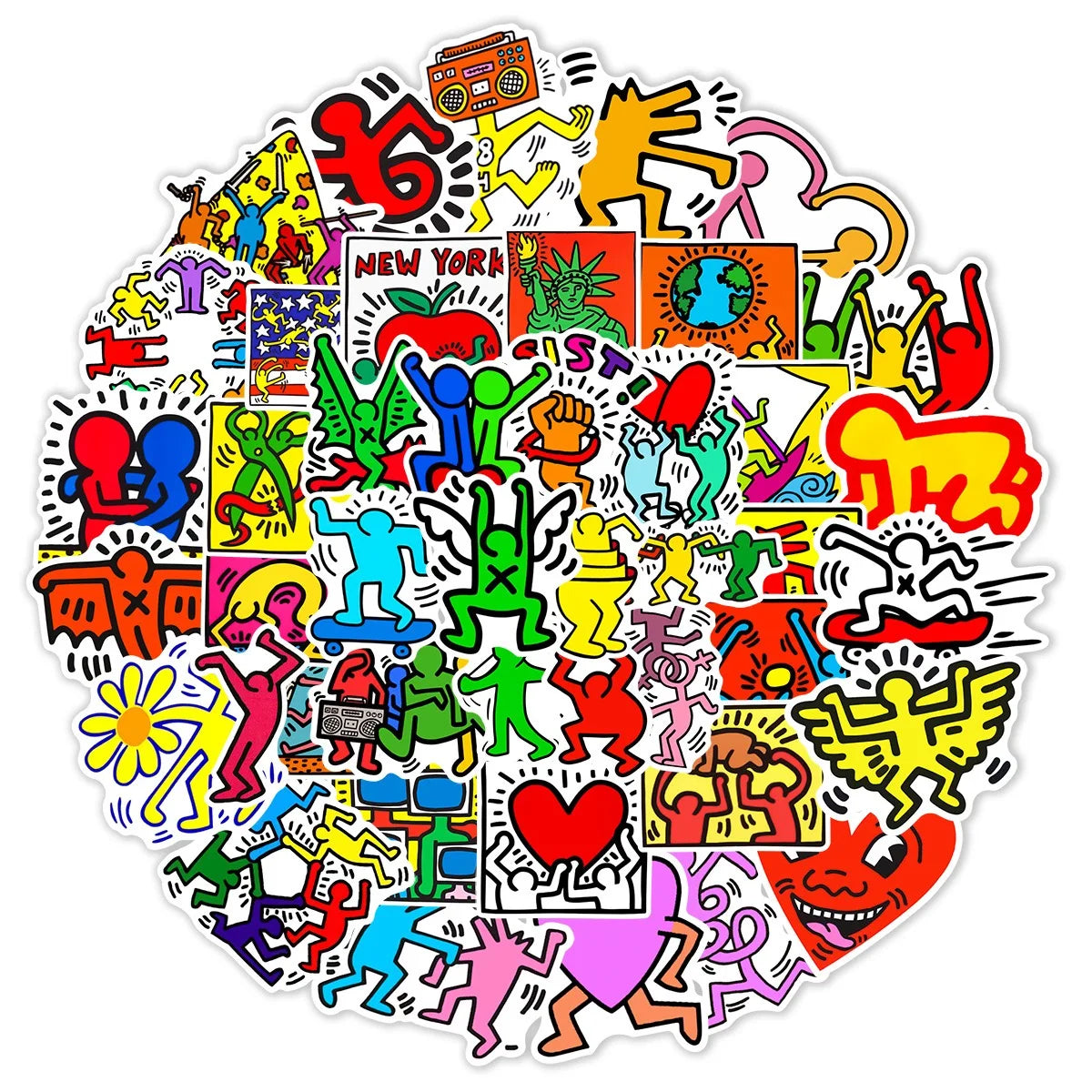 A colorful sticker pack featuring various cartoon characters, symbols, and text elements.