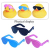 A set of rubber duck accessories including sunglasses and hats in various colors like yellow, blue, black, and pink.