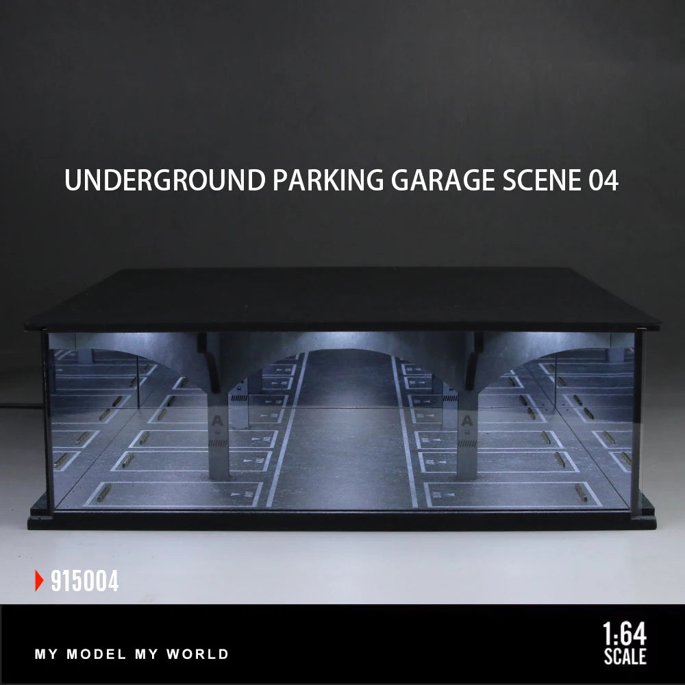 A 1:64 scale LED light-up diorama of an underground parking garage scene.