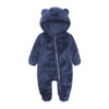 A dark blue baby bear fleece hooded romper with a zipper.