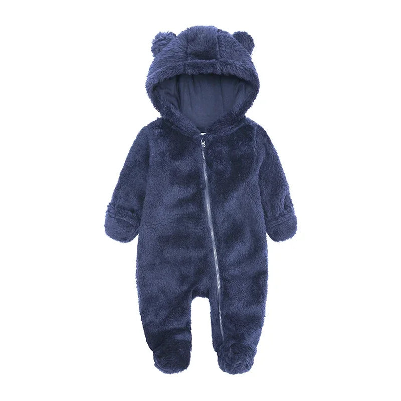 A dark blue baby bear fleece hooded romper with a zipper.