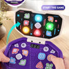 A hand holds a purple rhythm tap game console with various colored buttons and a screen displaying 8.8.8.