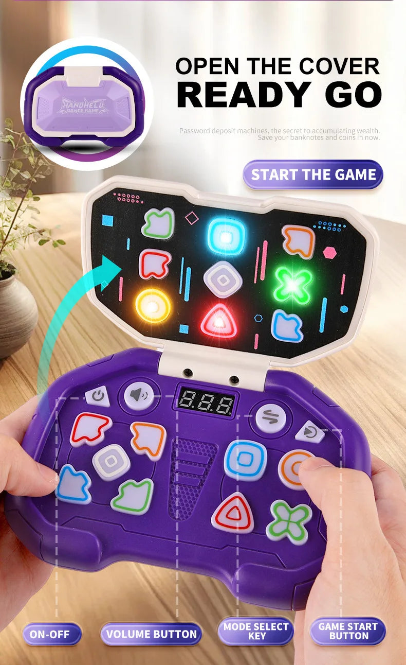 A hand holds a purple rhythm tap game console with various colored buttons and a screen displaying 8.8.8.