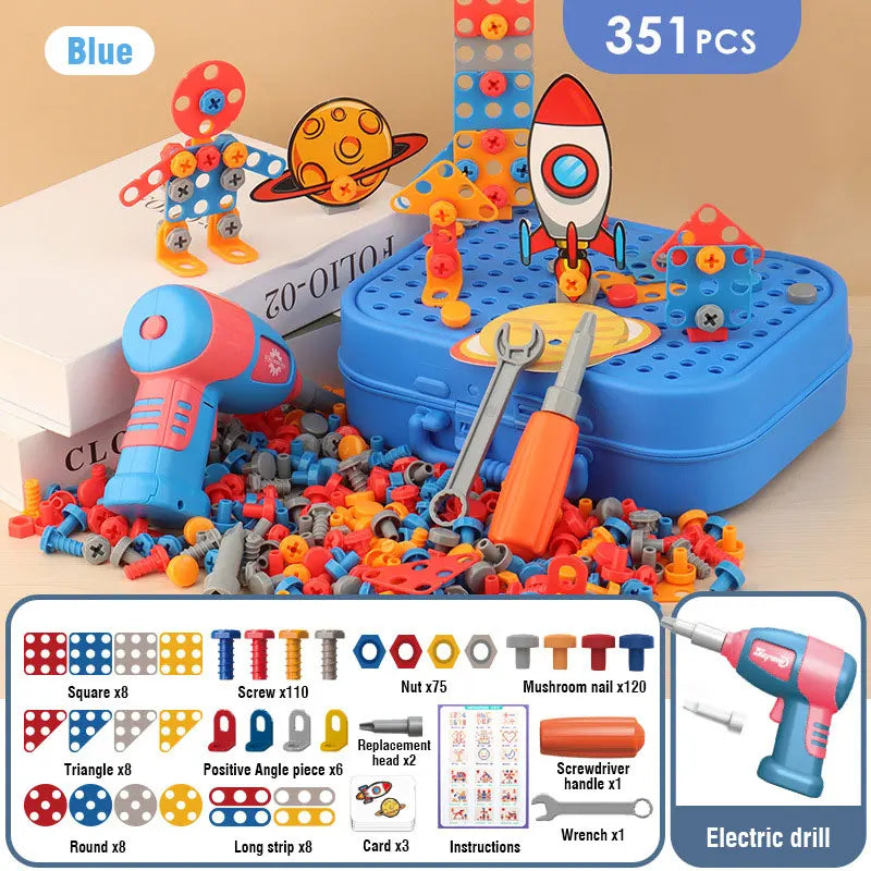 Blue dinosaur drill and screw building toy set with electric drill featuring various tools and parts