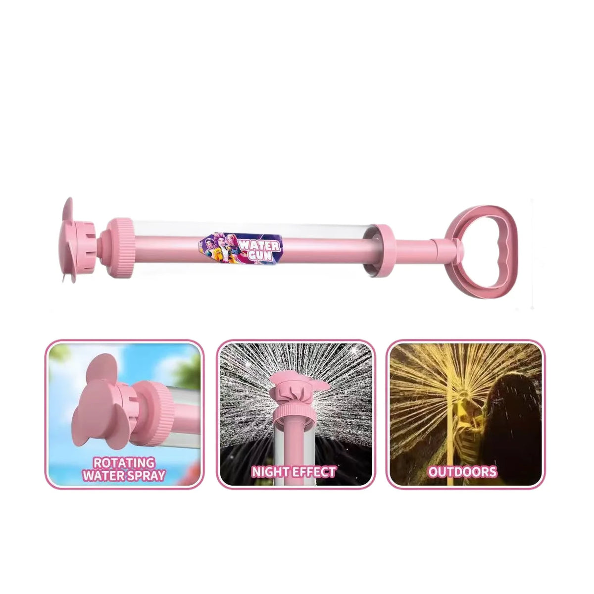 Pink rotating water gun toy for kids with night effect and outdoor use