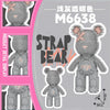 A gray striped bear figure made of micro building blocks, shown in various detail shots.