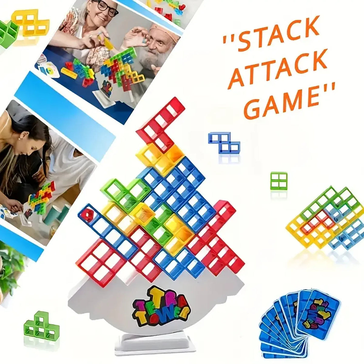 A pile of multi-sized building blocks in red, yellow, and blue stacked on a white base.