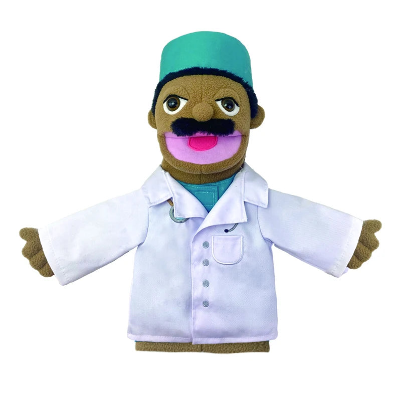 A plush hand puppet of a doctor with green hair, a mustache, and a white lab coat.