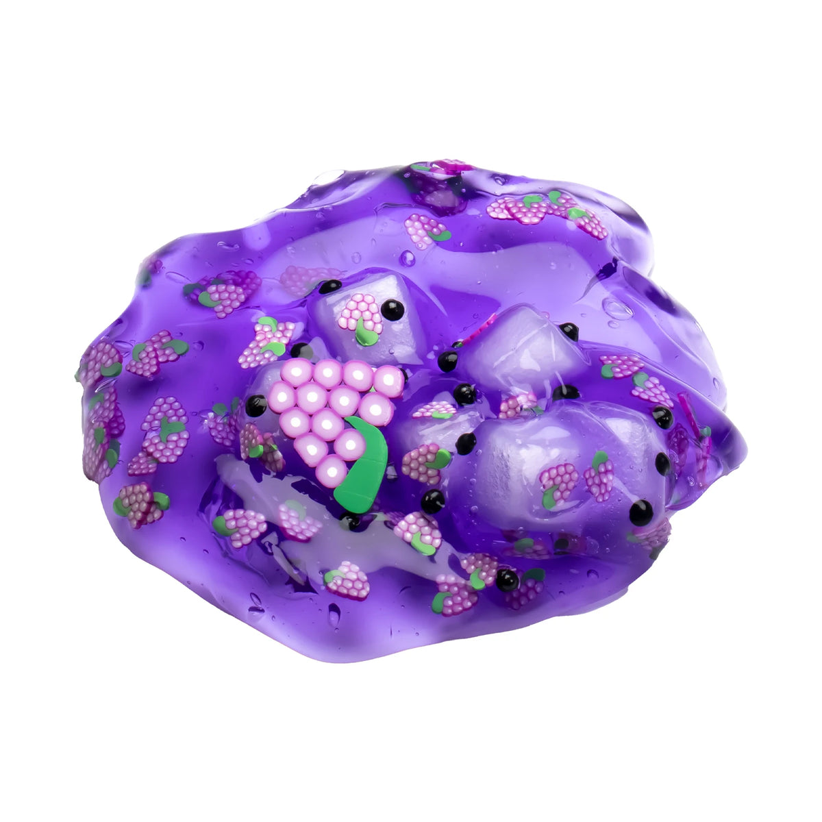 Purple jelly putty slime with small fruit inclusions and a leaf shape.