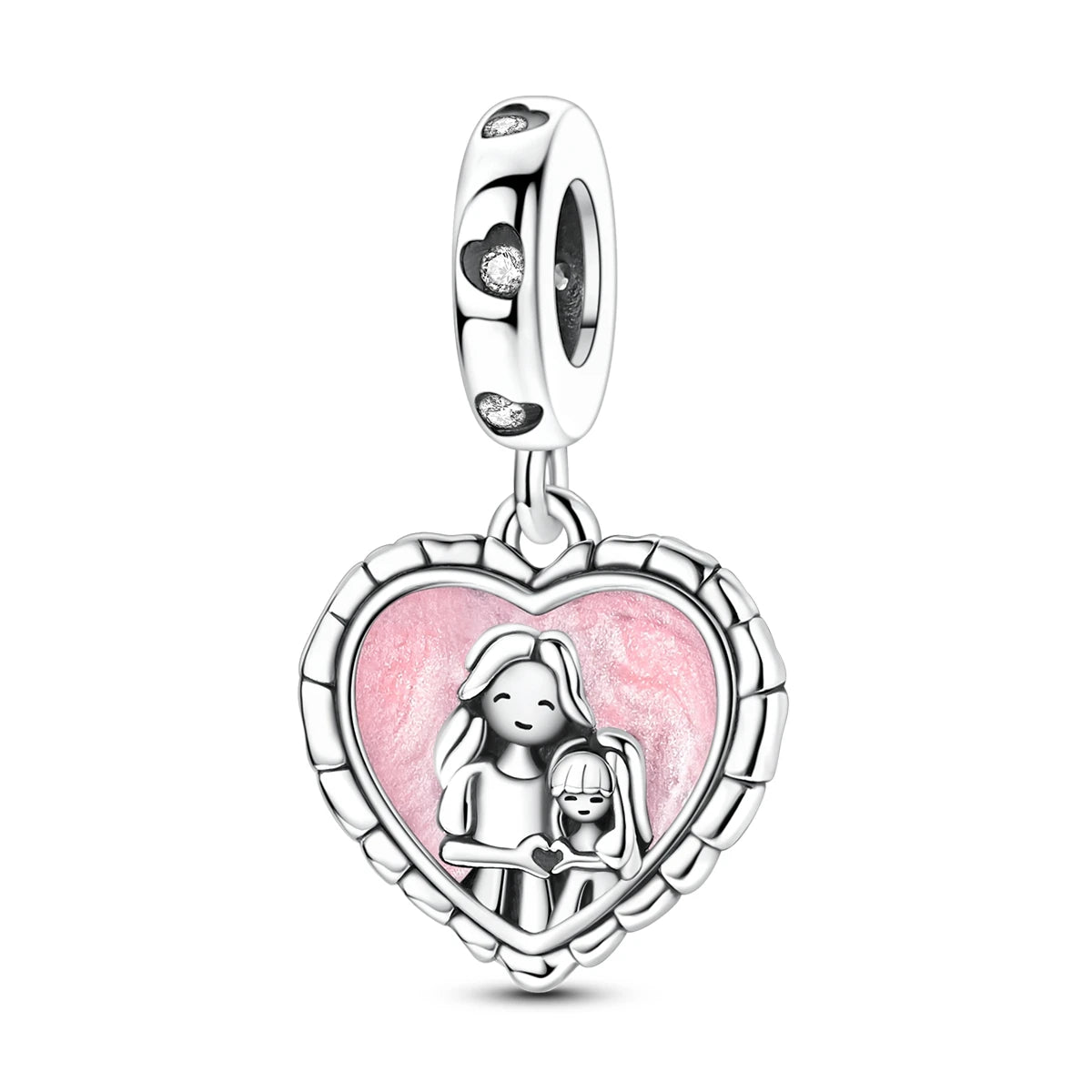 Silver-Plated Heart Charm Bead with Cubic Zirconia for Bracelets and DIY Jewelry