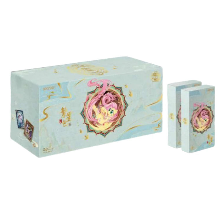 A box of My Little Pony Friendship Eternal Starry Pack Vol. 3 collectible cards featuring a pink swirling design on a light b