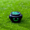 A black pumpkin bear figurine with a green smiling face and a bowl of green candies sitting on bright green grass.