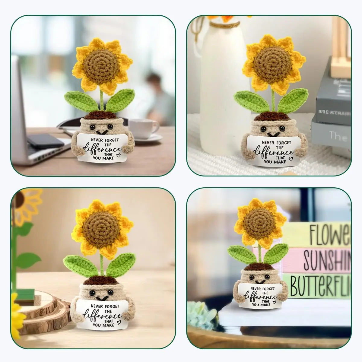 Handmade crochet sunflower pot doll in yellow and green on a desk and home decor