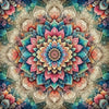 A detailed, colorful mandala abstract canvas art design featuring intricate floral patterns and vibrant shades of pink, blue,