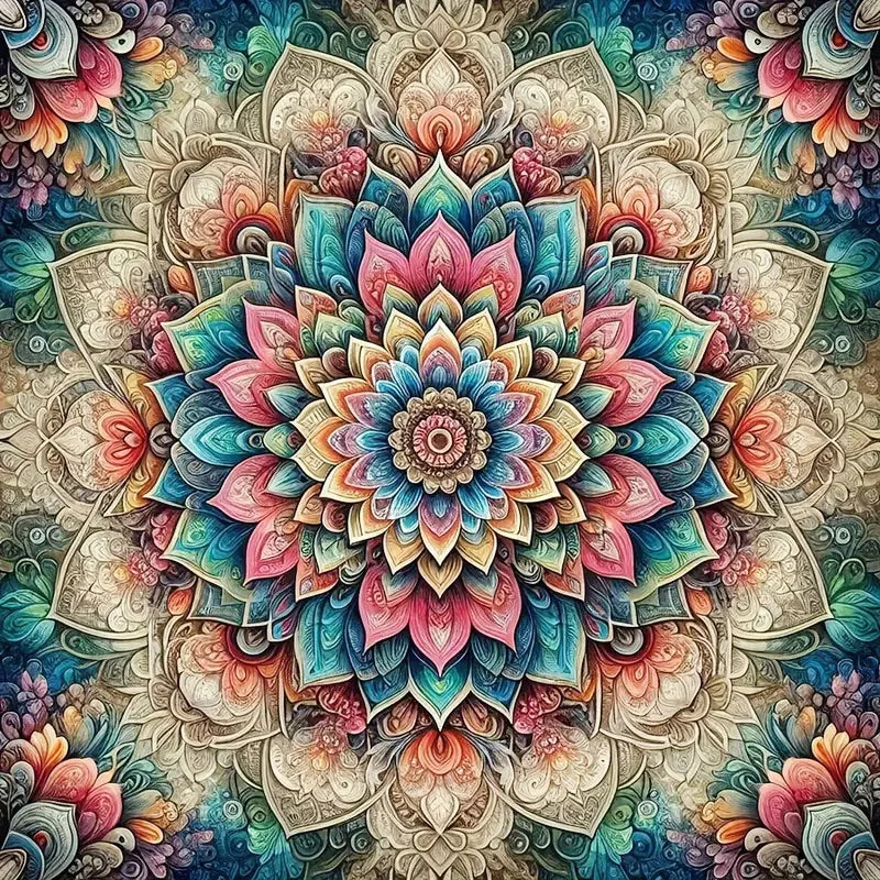 A detailed, colorful mandala abstract canvas art design featuring intricate floral patterns and vibrant shades of pink, blue,