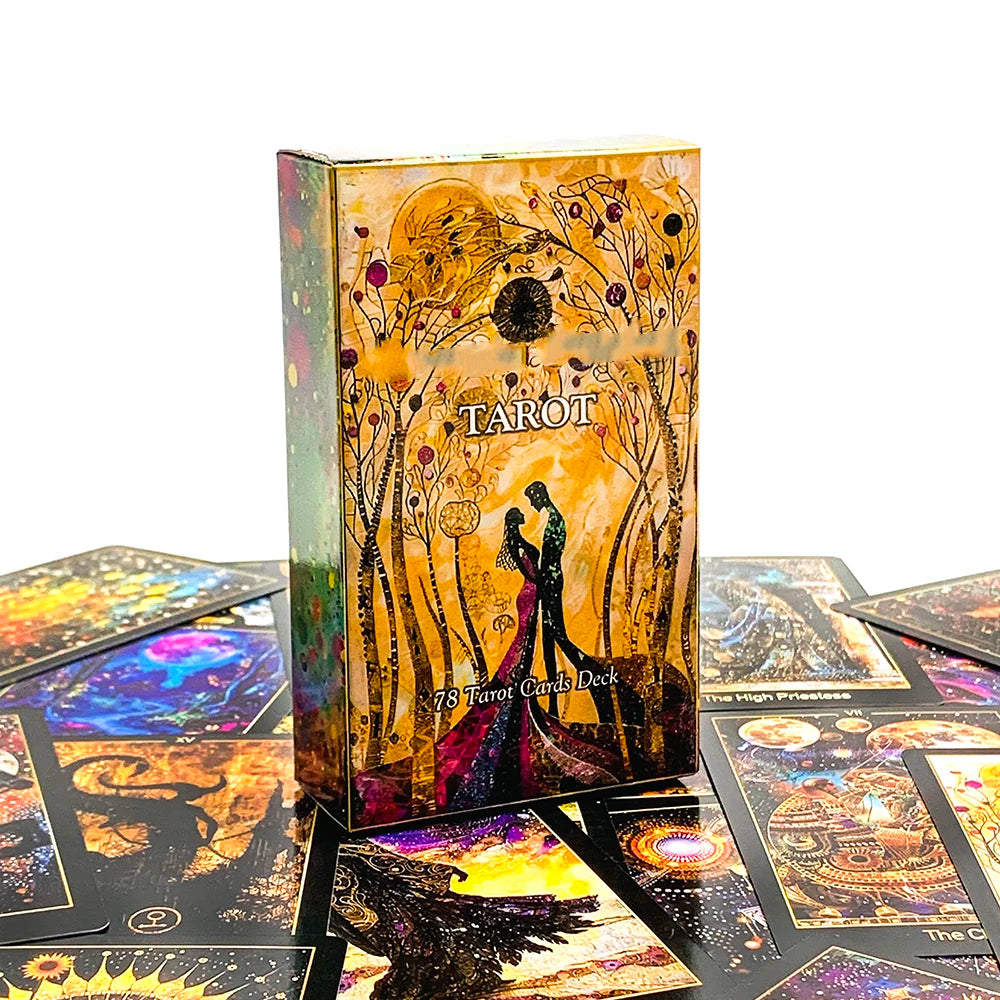 A vertical box of an illuminated Tarot card deck with a golden-yellow background and dark accents.