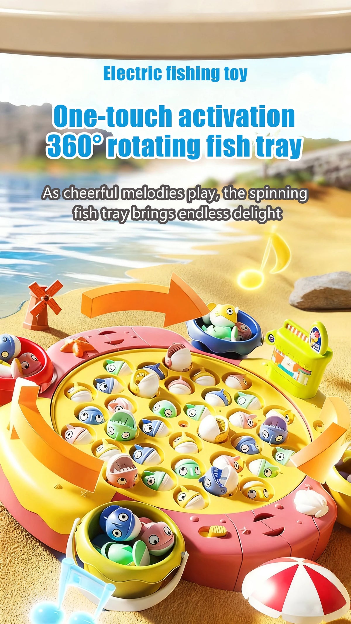 A colorful electric fishing toy with a 360-rotating fish tray and various sea creatures.