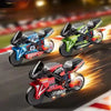 A collection of three motorcycle keychain fidget toys in various colors racing on a track.