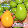 A bright yellow squishy stress ball is shown being squeezed, with green mango-shaped squishies in the background.
