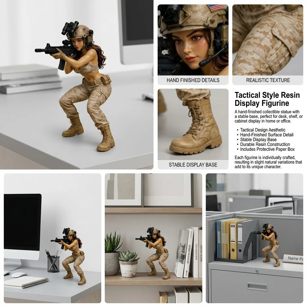 A hand-finished collectible statue of a tactical anime girl figurine in brown and tan colors.