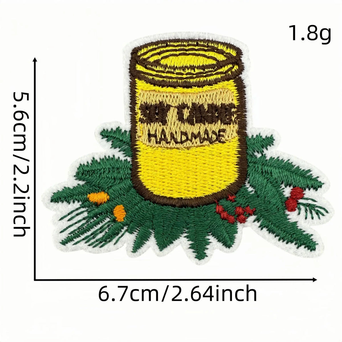 Handmade yellow jar patch with black text on a green wreath, 1.8g