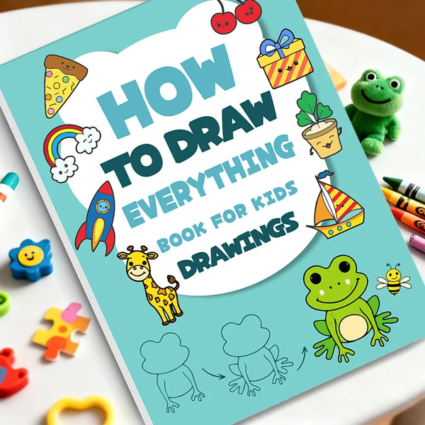A children's book titled How to Draw Everything for Kids featuring various animal drawings like a giraffe and a frog.