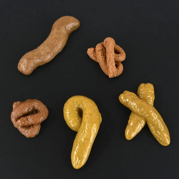 Several realistic brown and yellow pretend poop toys shaped like logs and coils are displayed on a dark surface.