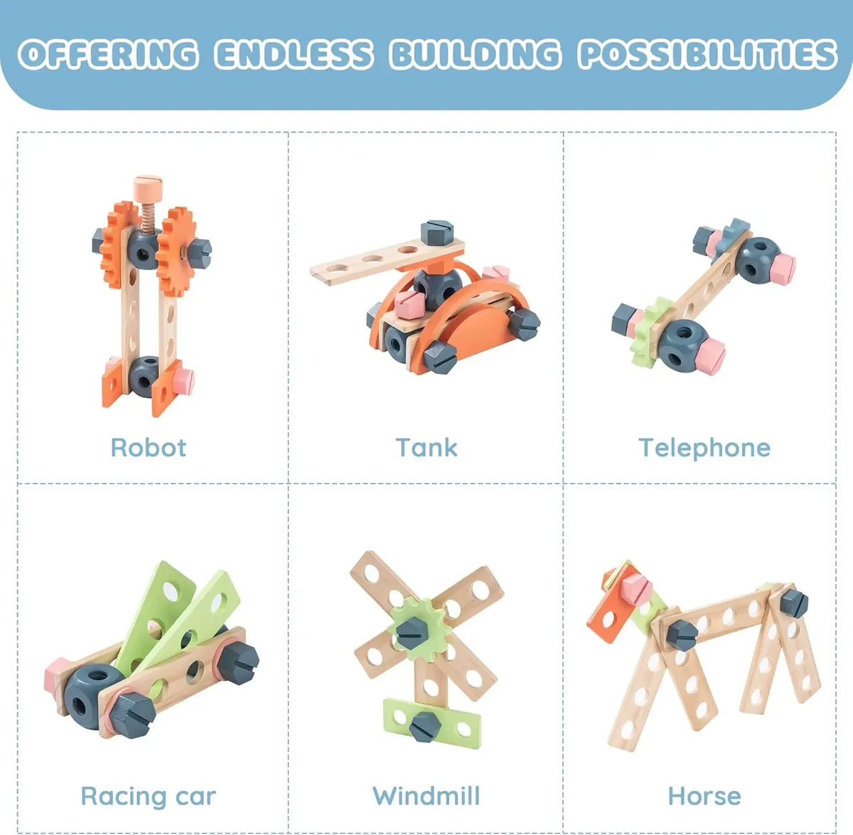 A collection of wooden toys including a robot, tank, telephone, racing car, windmill, and horse.