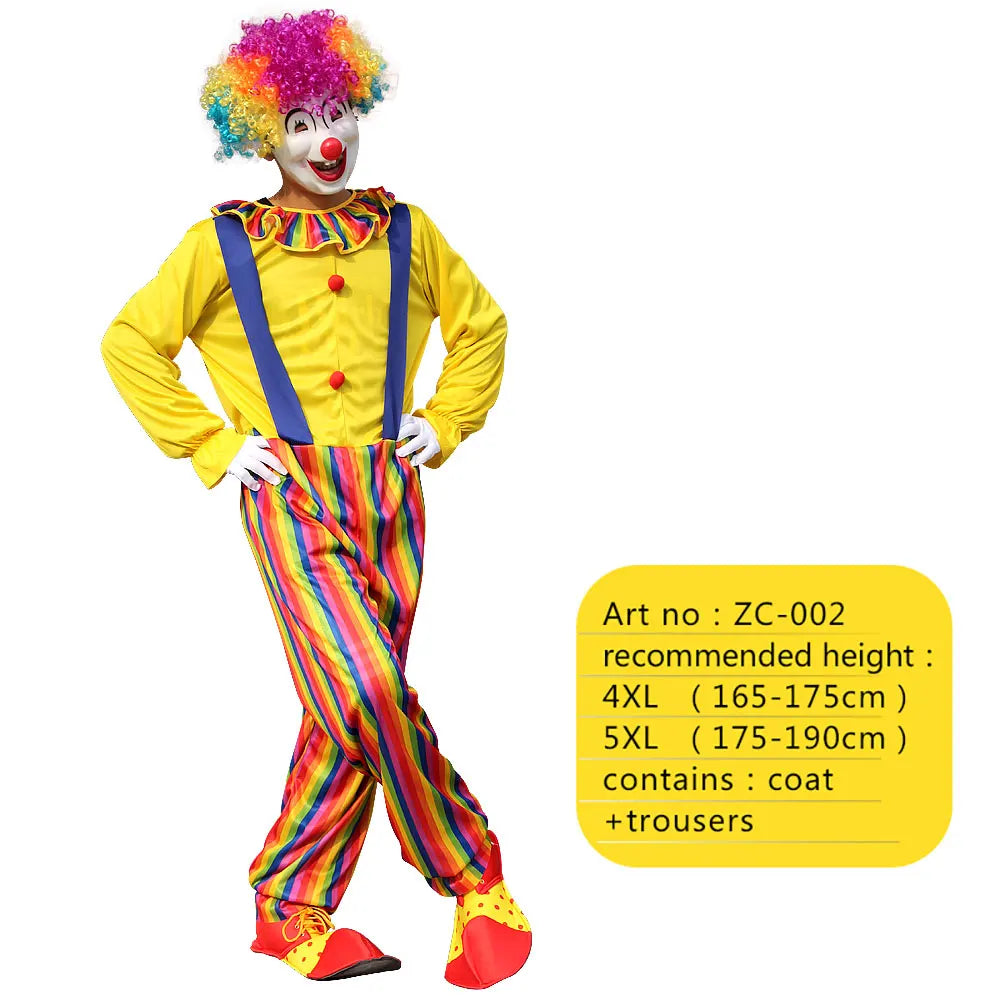 A full clown costume set featuring a white face, bright yellow shirt, blue suspenders, and striped pants.