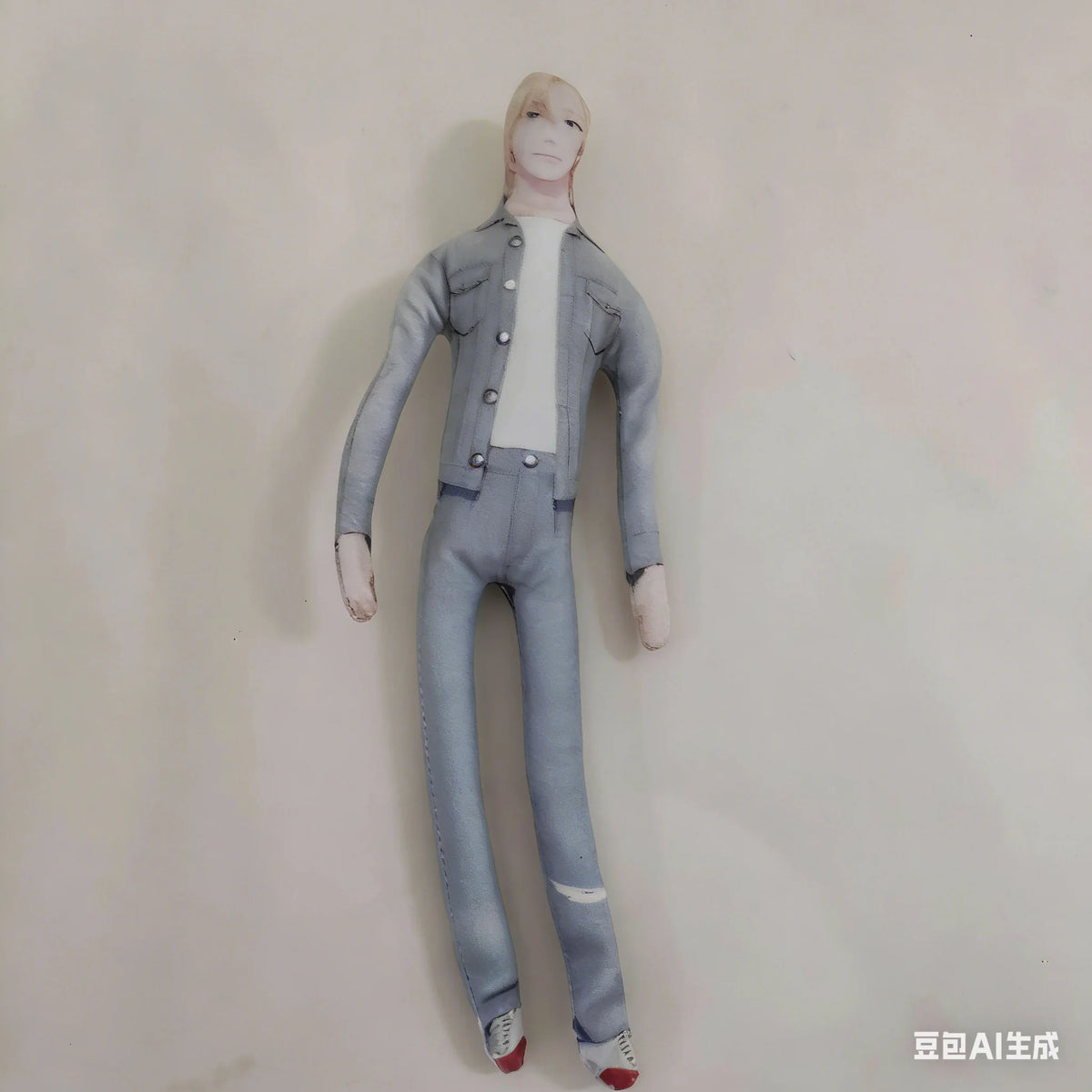 A light blue plush doll dressed in a denim jacket and jeans, standing against a white background.