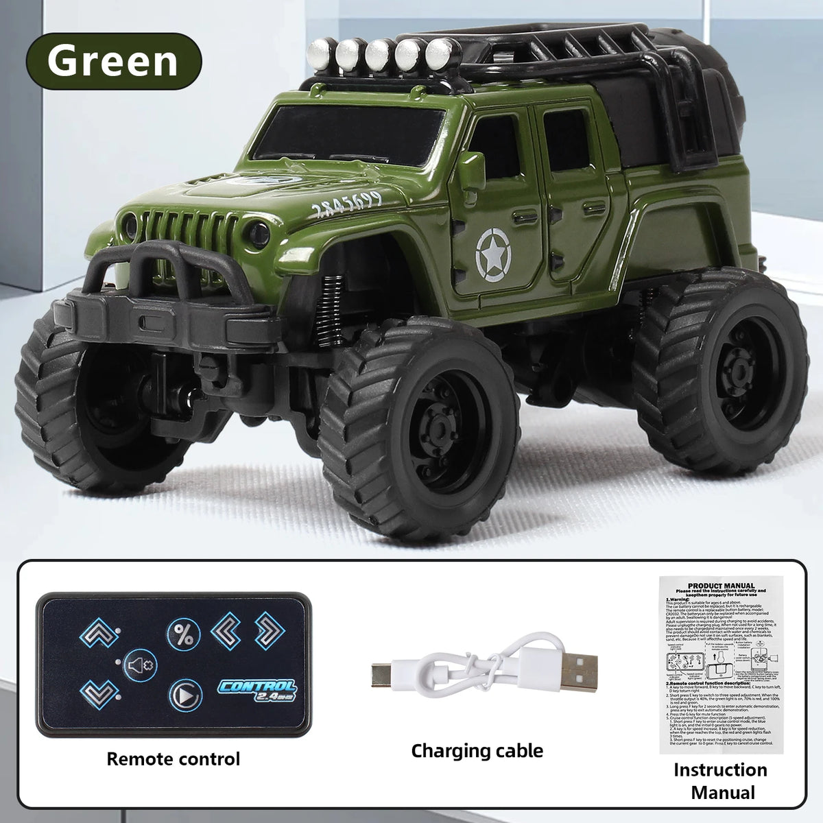 A green 1:64 scale off-road RC car with a black body, large tires, and accessories shown next to a remote control and chargin