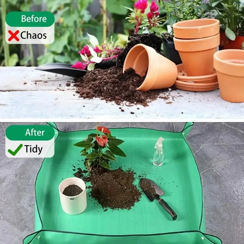 Before and after comparison showing a messy gardening setup transitioning to a tidy one with a mini tool set.