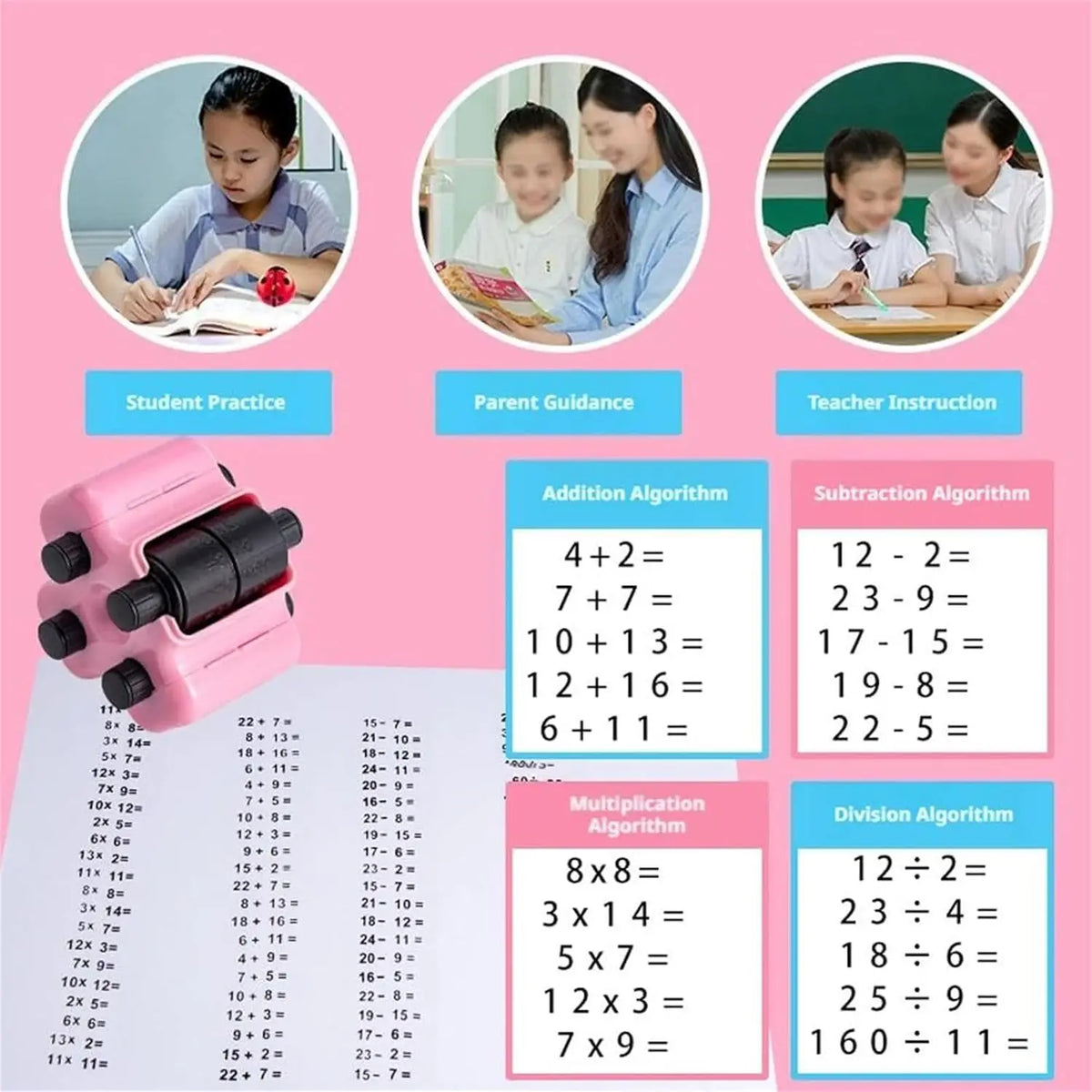 A set of four math algorithms roller stamps for student practice, parent guidance, and teacher instruction.