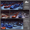 A 1:64 scale transparent display garage scenario featuring miniature model cars in a dark setting.
