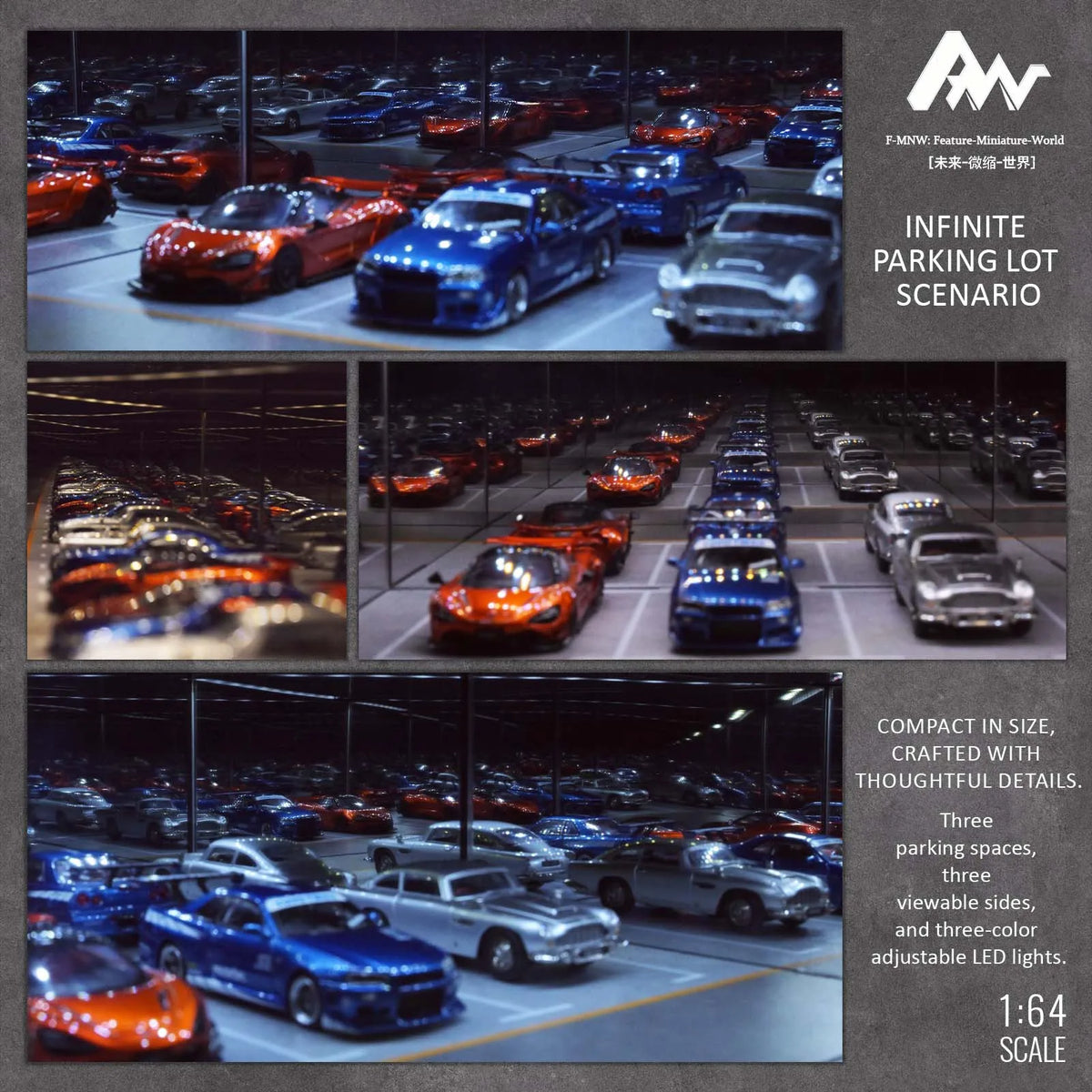 A 1:64 scale transparent display garage scenario featuring miniature model cars in a dark setting.